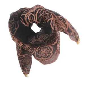 Elegante zwarte en bruine bloemenkant geborduurde mesh sjaal, ademende lichte hoofddoek.