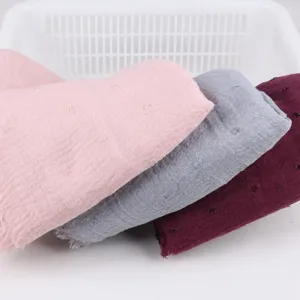 Lightweight cotton linen crinkle scarf with pom poms, solid color casual women shawl wrap.