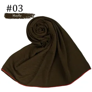 Elastic solid color mercerized cotton scarf hijab with red hem detail, breathable lightweight shawl.
