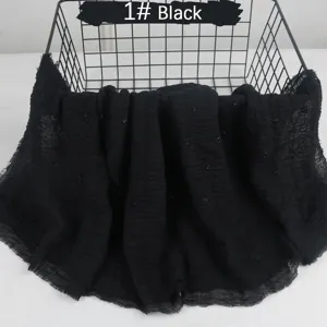 Solid color lightweight breathable cotton linen pleated fringed hijab Malaysia shawl black