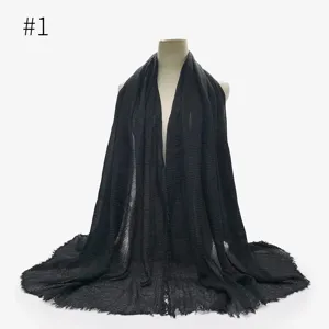 Sciarpa tinta unita plissettata in cotone lino garza traspirante donna scialle frange.