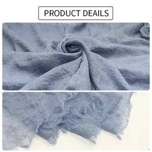Sciarpa stropicciata in cotone e lino tinta unita, foulard traspirante con frange da donna
