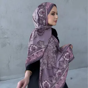 Sciarpa hijab in chiffon viola da donna, morbida leggera, elegante stampa floreale lunga.