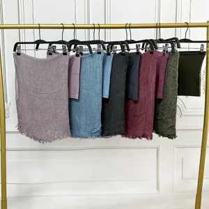 Solid color crinkled rayon long scarf matching elastic tube cap set for daily headwear.