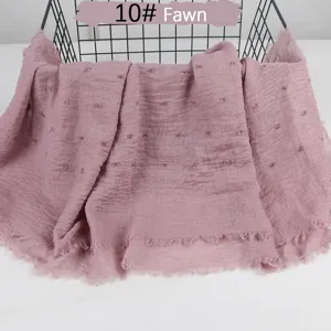 Solid color lightweight breathable cotton linen scarf crinkled frayed edge shawl hijab fawn
