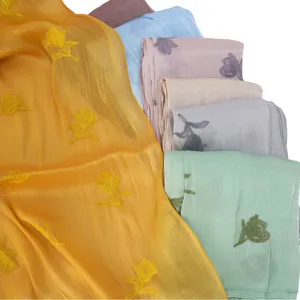 Detailed view of embroidered island silk long scarf, featuring delicate floral patterns.