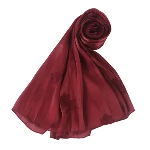 Burgundy pleated embroidered long silk scarf, elegant floral design for women's fashion.