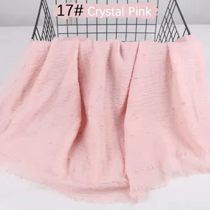 Solid color lightweight breathable cotton linen crinkled pom pom raw edge scarf shawl