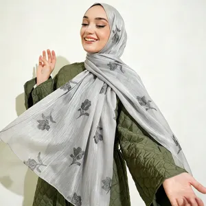 Women silver shimmering embroidered long scarf elegant floral hijab fashion sun protection shawl