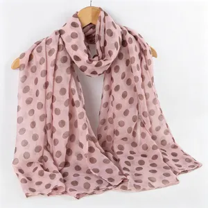 Pink and brown polka dot long scarf, French vintage cotton linen feel shawl wrap for women.