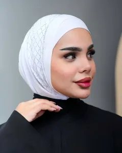 White rhinestone hijab cap for women, elegant mercerized cotton chin wrapping ethnic undercap.