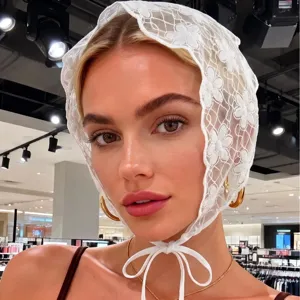 Summer trending white lace triangular headscarf, stylish sweet girl hair tie fashion bonnet.