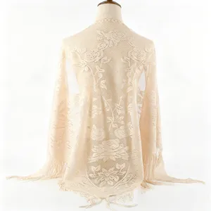 Elegant beige lace triangular shawl floral hollow out sun protection scarf wedding veil for women