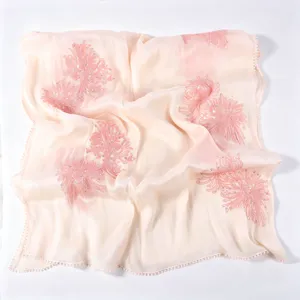 Pink pleated sequin embroidered scarf detail, elegant floral pattern shawl, soft lightweight.