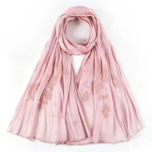 Pink pleated embroidered long scarf, Muslim hijab, breathable fashion headscarf for women.