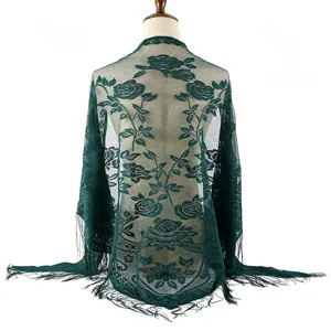 Dark green lace triangle scarf floral hollow shawl fringe wedding bridal veil breathable sun protection