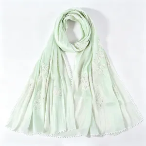 Light green embroidered crinkle hijab stylish breathable metallic silk long scarf