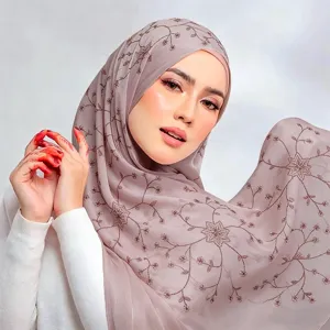 Elegante foulard hijab ricamato a fiori per donna, sciarpa morbida traspirante moda.
