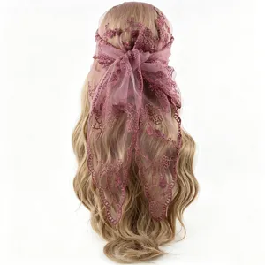 Detailed back view of vintage embroidered lace headscarf, elegant floral mesh hair wrap.