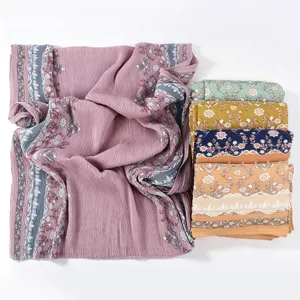 Floral printed pleated long hijab scarf, lightweight breathable Muslim headwrap for women.