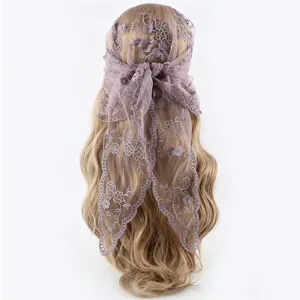 Retro lace headscarf for women, elegant floral embroidered kerchief and hair band accessory.