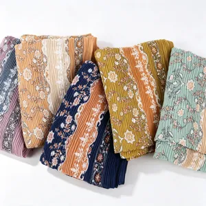 Pleated floral print long scarf hijab stylish breathable head wrap accessory detail