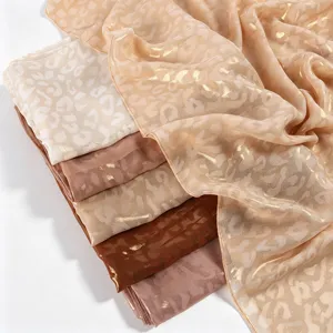 Elegant metallic leopard print chiffon scarf, smooth draped long shawl for women daily wear.