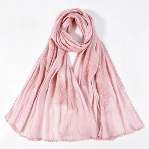 Pink pleated embroidered sequin long scarf elegant shawl versatile headscarf for women detail.
