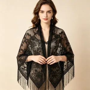Women Lace Hollow Triangle Scarf Sun Protection Shawl Floral Breathable Wedding Veil