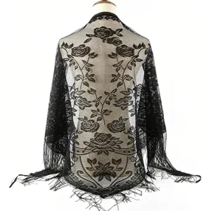 Black lace floral triangle shawl, breathable sheer fringe wrap scarf for women wedding veil