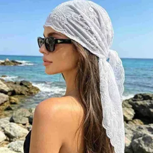 White lace headscarf vintage floral embroidered bandana bohemian sun protection hair band.