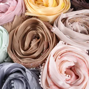 Multi-color crinkle embroidered long scarf shiny silk hijab fashion breathable headwrap
