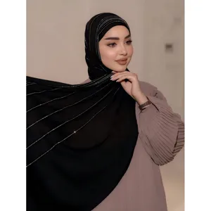 Dames Mode Lange Sjaal Gemerceriseerd Katoen Effen Kleur Hotfix Strass Stola Hijab Hoofddoek