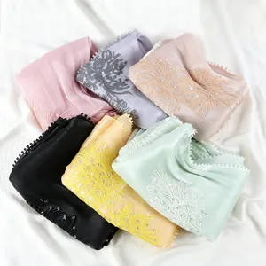 Women vintage crinkle sequin long scarf elegant embroidered floral lace shawl hijab style