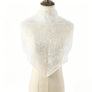 White lace triangle veil scarf featuring delicate religious Madonna motif for elegant wear.