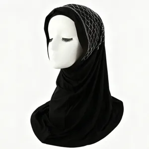 Close-up detail view of black rhinestone diamond lattice stretch hijab cap undercap with chin cover.