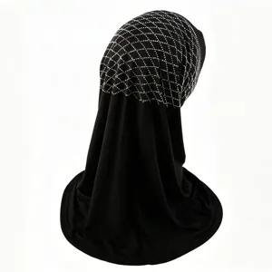 Black rhinestone hijab cap, mercerized cotton elastic under scarf with sparkling diamond lattice design.