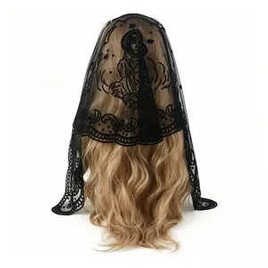 Black lace mantilla veil vintage gothic head covering veil for women church bridal headwear