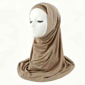 Detail view of the elegant rhinestone hijab cap, soft mercerized cotton, solid color stretch.
