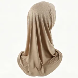 Elegant rhinestone embellished hijab cap for women breathable stretch Muslim headscarf khaki