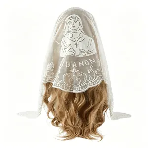 White lace veil with religious embroidery and breathable fabric for wedding and fashion wear.