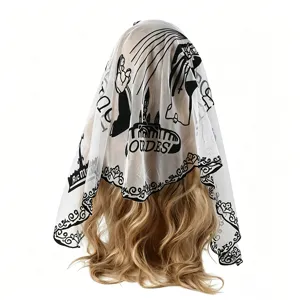 Black and white lace church mantilla triangular veil, breathable mesh head covering for women.