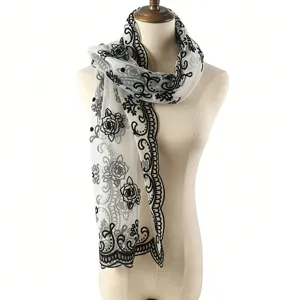 Black and white floral lace scarf, elegant sheer shawl, breathable vintage neck wrap.