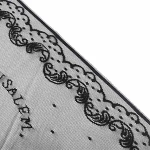 Detailed shot of black lace fabric trim with delicate scalloped embroidery and breathable mesh.