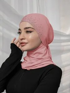 Pink rhinestone embellished balaclava headscarf for women, soft mercerized cotton detail view.