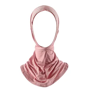 Pink rhinestone balaclava cap detail, mercerized cotton Muslim hijab headscarf closeup.