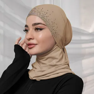 Women's Balaclava Hood Scarf Mercerized Cotton Starlight Rhinestone Muslim Hijab Daily Warm Sun Protection Headwear