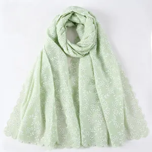 Bufanda larga de algodón verde claro bordada con flores, elegante chal de sol para mujer.