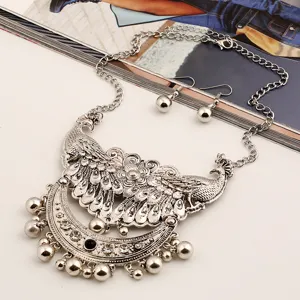 Vintage Peacock Statement Necklace Earrings Set Ethnic Boho Rhinestone Jewelry Set