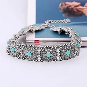 Vintage bohemian silver-plated turquoise choker necklace statement collar jewelry for women.